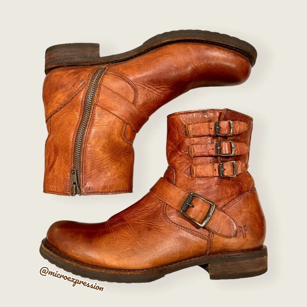 $389 Veronica Short Belted Cognac Leather Fringe Moto Vintage Combat Ankle Boot - Picture 16 of 16